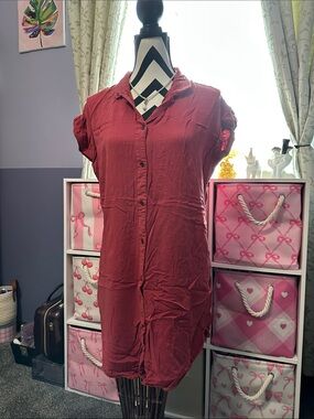 Rust Red Button-Front Shirt Dress S/M